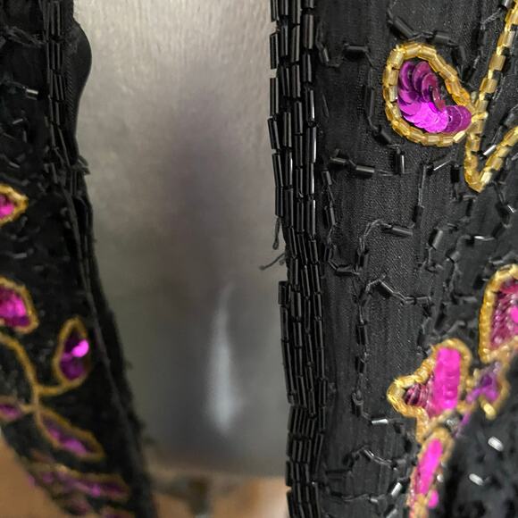 Vintage Sequin Jacket Size Medium Fuchsia Pink Floral Print on Black Silk - Picture 7 of 10